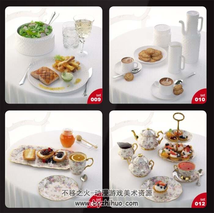 欧美浪漫餐桌用品系列3D模型 含餐具餐盘茶杯酒水杯花卉摆设等Max格式下载