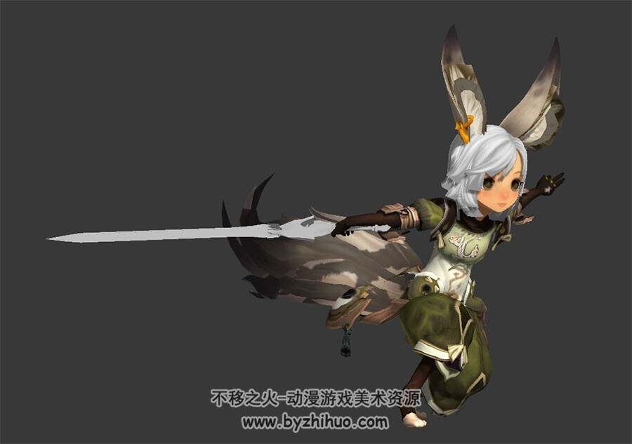 Q版游戏中式仙侠风角色小狐女3DMax模型下载 带绑定及一套舞剑动作