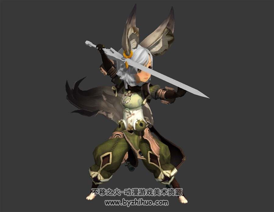 Q版游戏中式仙侠风角色小狐女3DMax模型下载 带绑定及一套舞剑动作