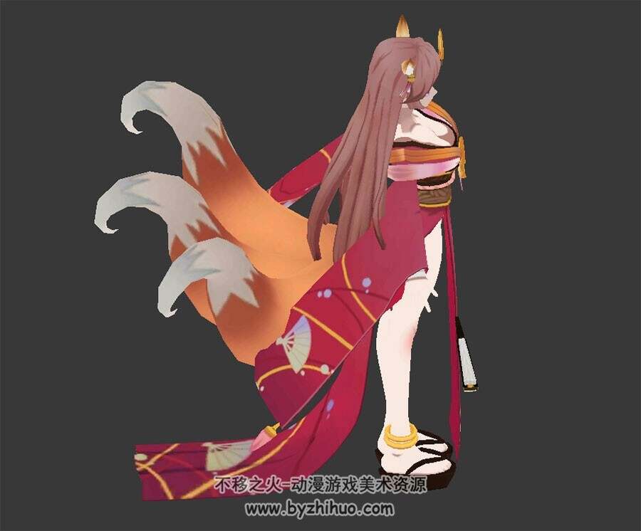 游戏角色3D模型 三尾狐狸和服美女 带绑定格式Max下载