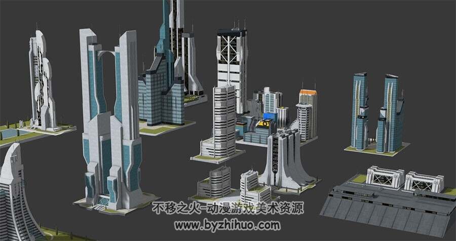 4组现代感极强的场景3D建筑模型 摩天大厦科研基地应有尽有 3种格式下载