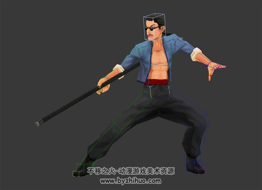 小混混持棍棒兵器3dMax男角色模型下载 带骨骼含全套武打动作