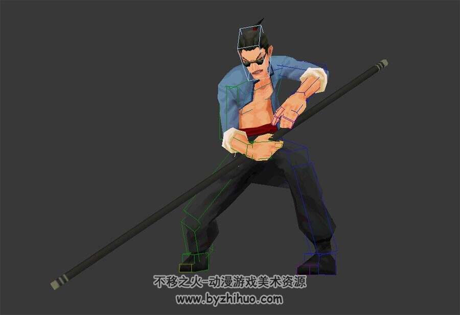 小混混持棍棒兵器3dMax男角色模型下载 带骨骼含全套武打动作