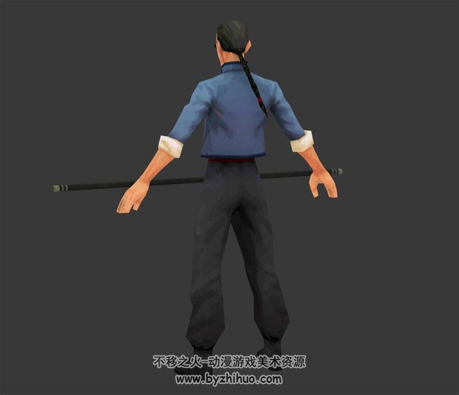 小混混持棍棒兵器3dMax男角色模型下载 带骨骼含全套武打动作