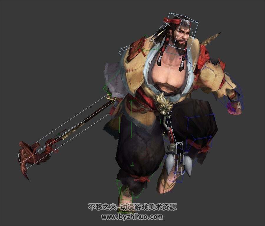中式古装武侠猛汉子鲁有脚持棍杖3DMax模型下载 带绑定全套骨骼下载