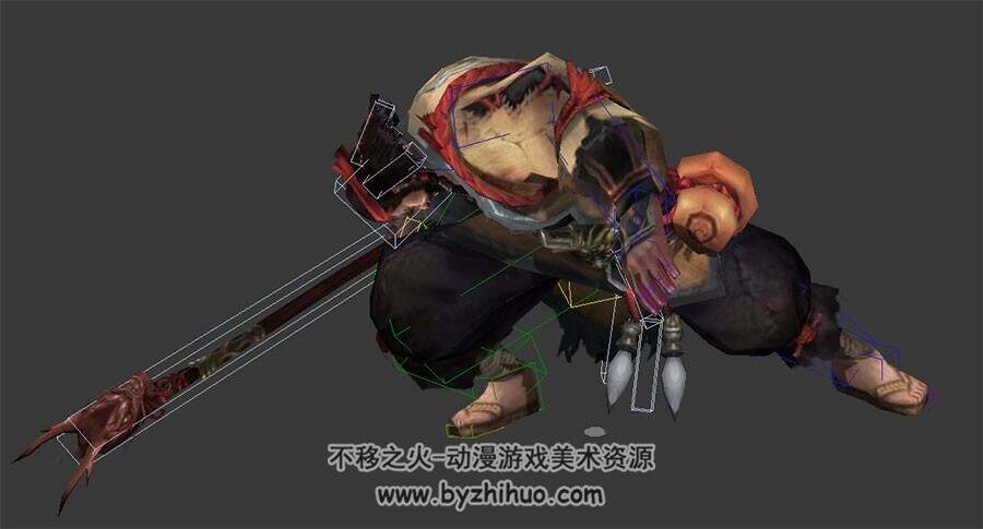 中式古装武侠猛汉子鲁有脚持棍杖3DMax模型下载 带绑定全套骨骼下载