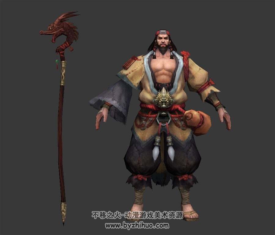 中式古装武侠猛汉子鲁有脚持棍杖3DMax模型下载 带绑定全套骨骼下载