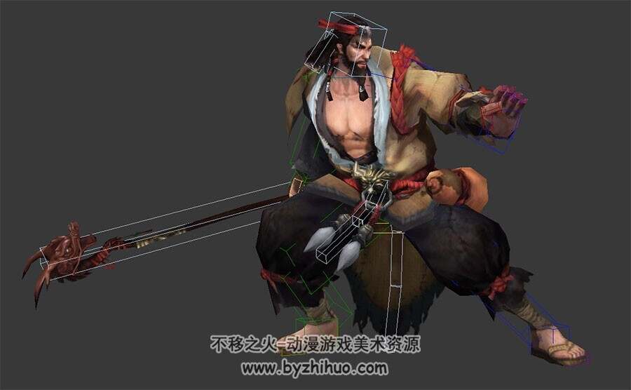中式古装武侠猛汉子鲁有脚持棍杖3DMax模型下载 带绑定全套骨骼下载