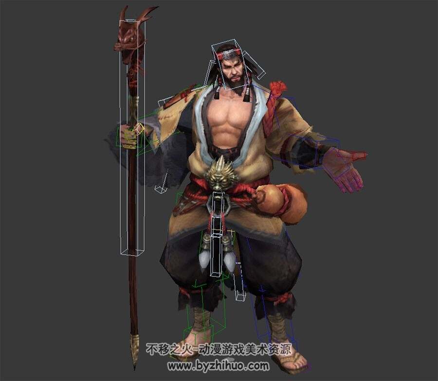 中式古装武侠猛汉子鲁有脚持棍杖3DMax模型下载 带绑定全套骨骼下载