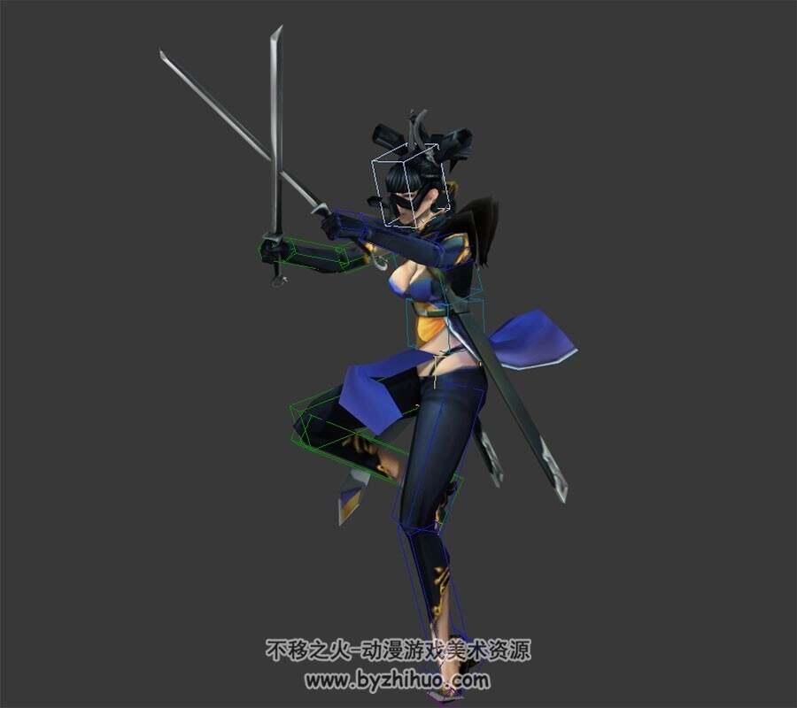 中式古代女侠双手剑3DMax模型分享 全套动作部分有绑定