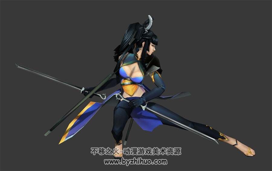 中式古代女侠双手剑3DMax模型分享 全套动作部分有绑定