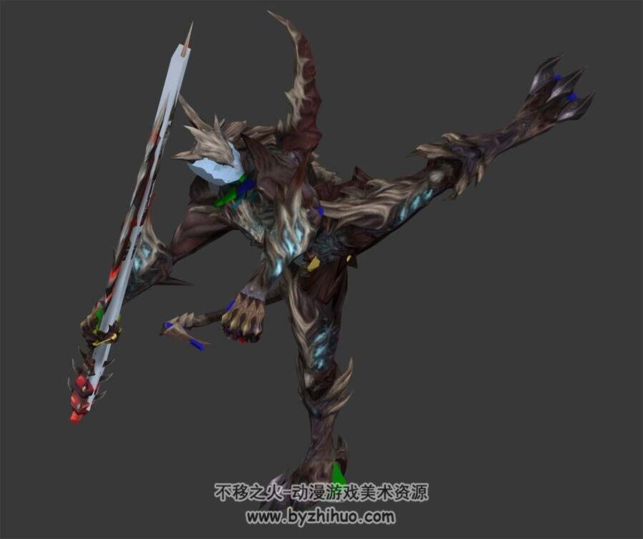 质量不错一组怪物兵器攻击3DMax模型分享 带骨骼走路腿击挥砍尖刺动作下载