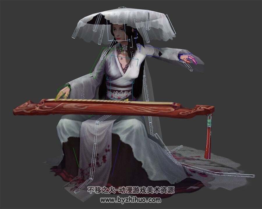 中式古装武侠琴女3dMax模型下载 带骨骼全套动作