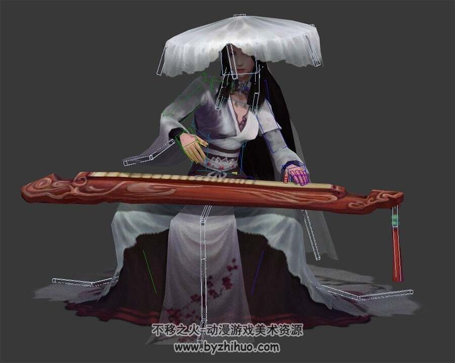 中式古装武侠琴女3dMax模型下载 带骨骼全套动作