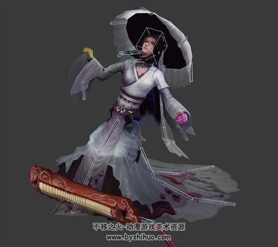 中式古装武侠琴女3dMax模型下载 带骨骼全套动作