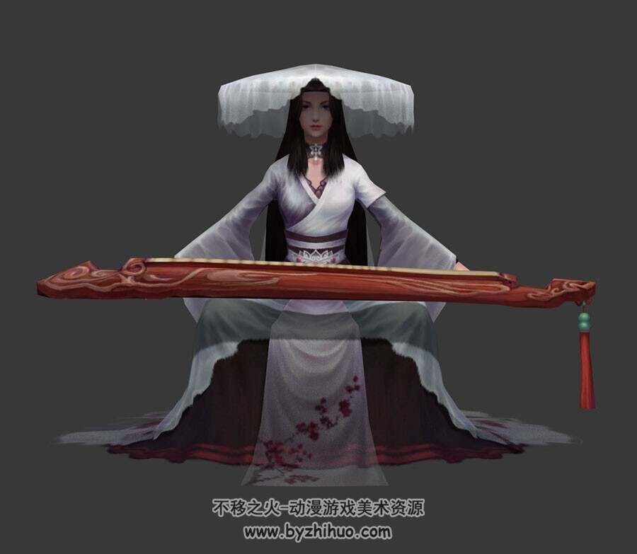 中式古装武侠琴女3dMax模型下载 带骨骼全套动作