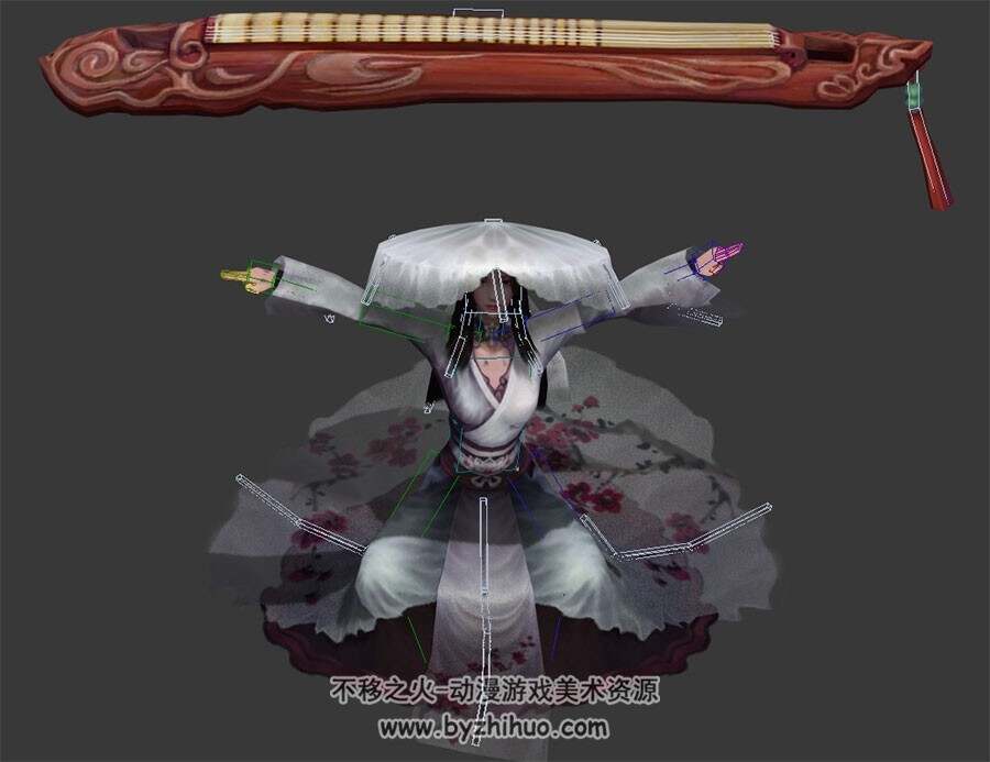 中式古装武侠琴女3dMax模型下载 带骨骼全套动作