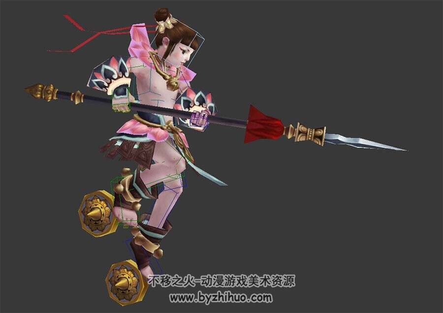 中国神话人物角色哪吒3dMax模型分享 儿时少年三头六臂形态带骨骼动作下载