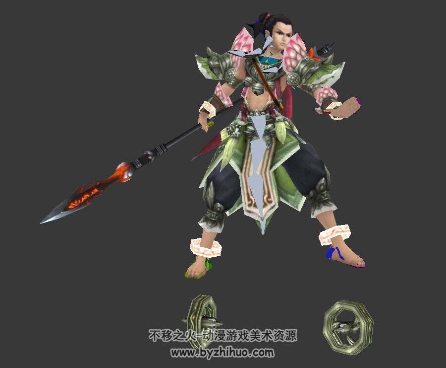 中国神话人物角色哪吒3dMax模型分享 儿时少年三头六臂形态带骨骼动作下载
