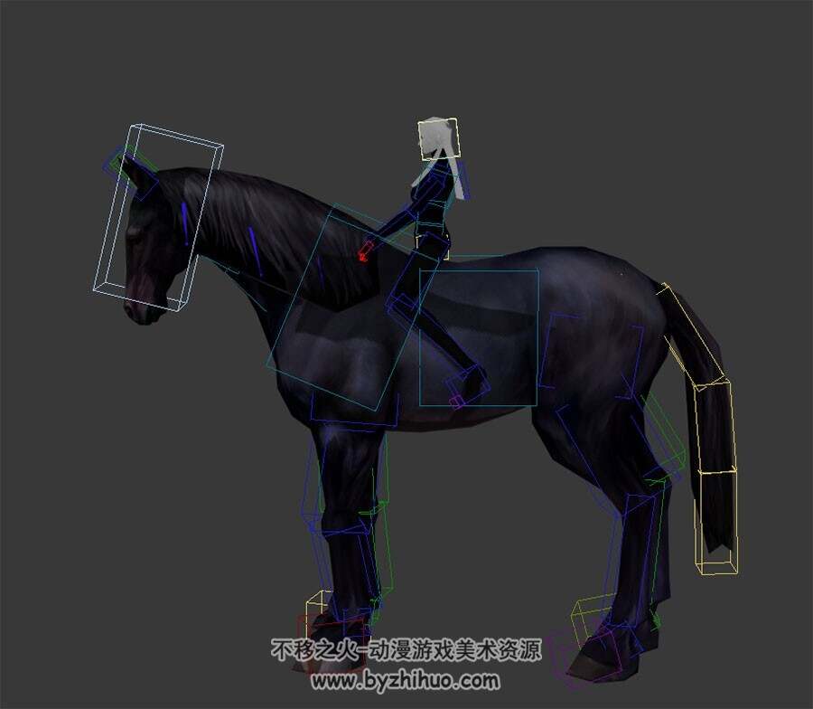 俊马座骑3DMax模型 黑白两种贴图带骨骼奔跑行走带人动作