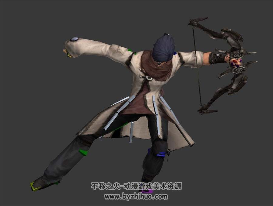古装布衣男性弓箭手3DMax模型下载 带骨骼全套动作