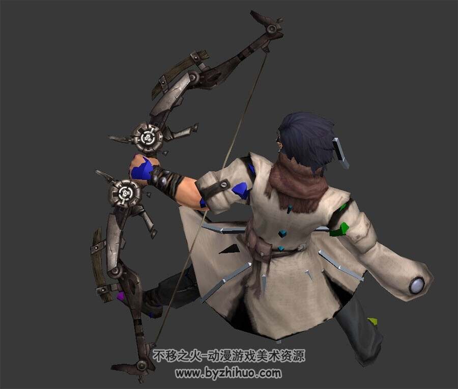 古装布衣男性弓箭手3DMax模型下载 带骨骼全套动作