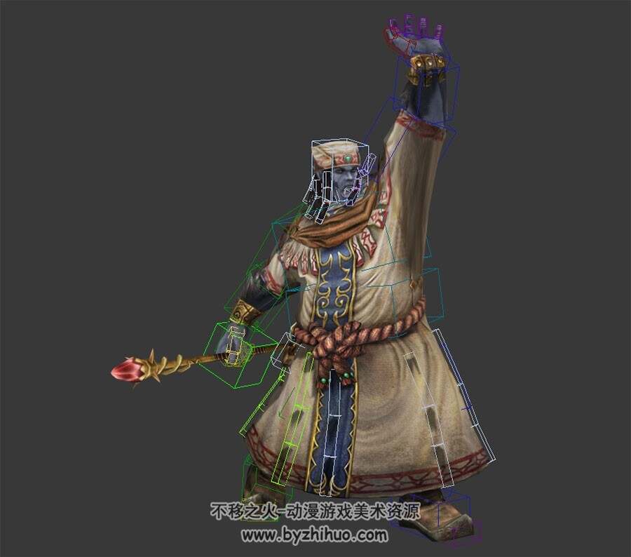 游戏角色男法师带法杖3DMax模型下载 带骨骼全套动作