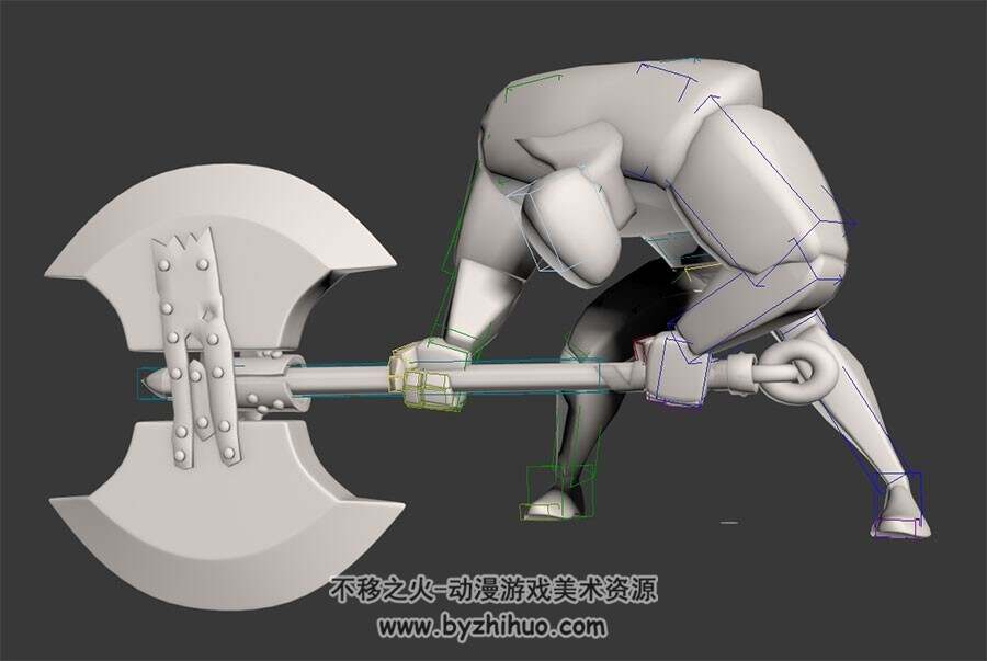 巨斧勇士攻击动作3dmax模型下载 带骨骼