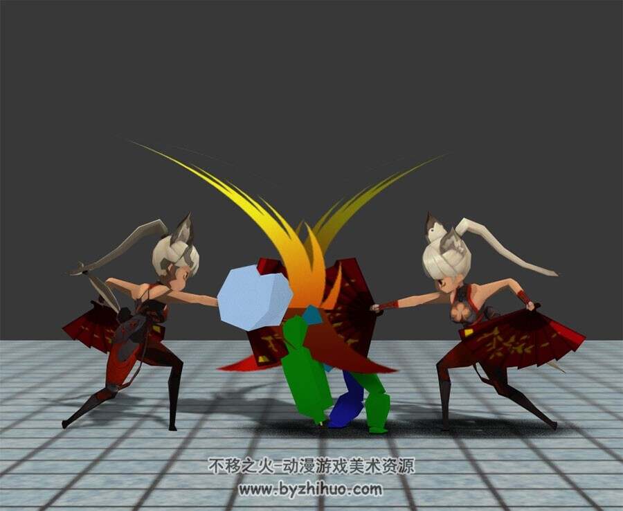 Q版中式武侠风女子扇子攻击动作一套3DMax模型下载