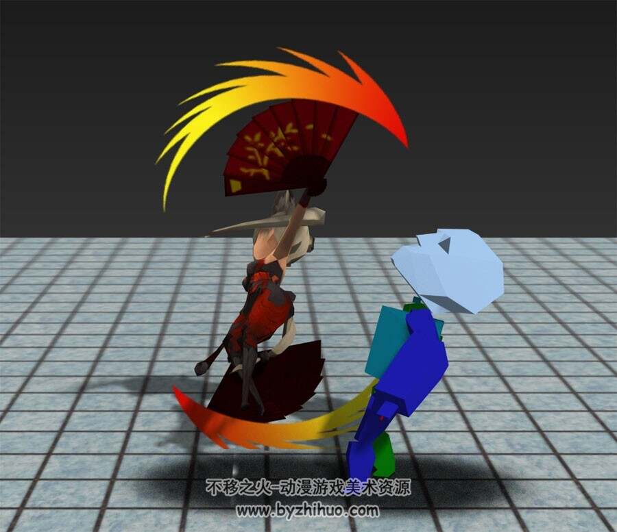 Q版中式武侠风女子扇子攻击动作一套3DMax模型下载