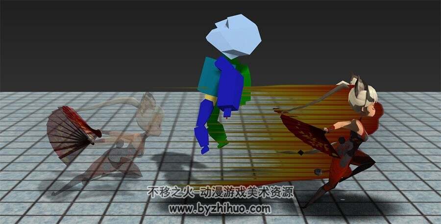 Q版中式武侠风女子扇子攻击动作一套3DMax模型下载