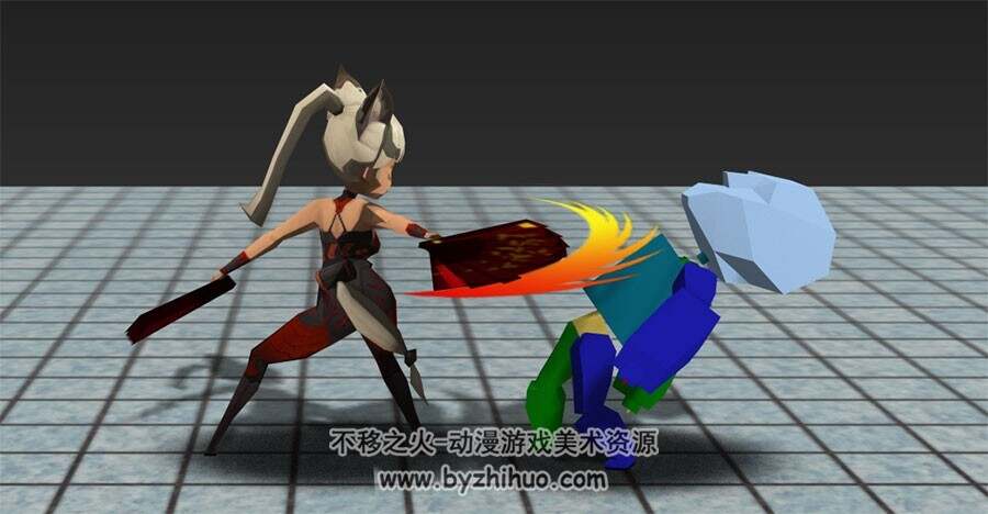 Q版中式武侠风女子扇子攻击动作一套3DMax模型下载