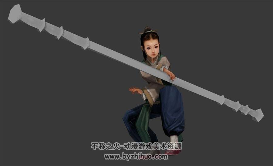 古装门派小姑娘武术动作剑与棒两种武器3DMax模型下载