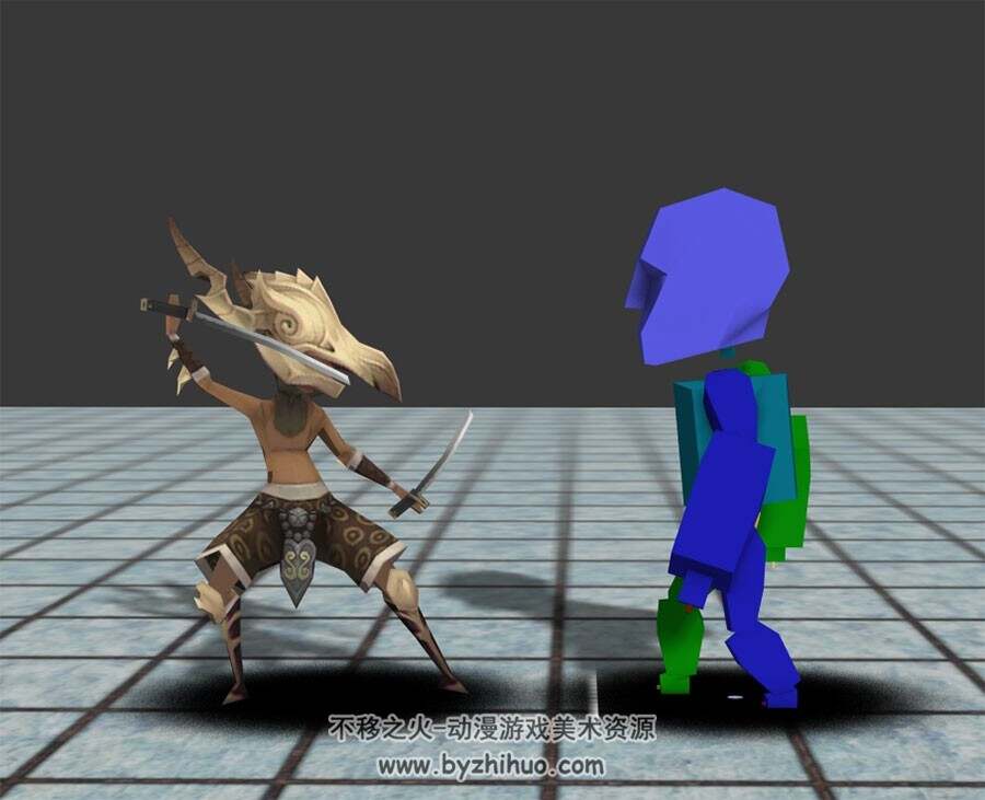 Q版武士角色一套双刀攻击动作3DMax模型下载 带绑定全套动作