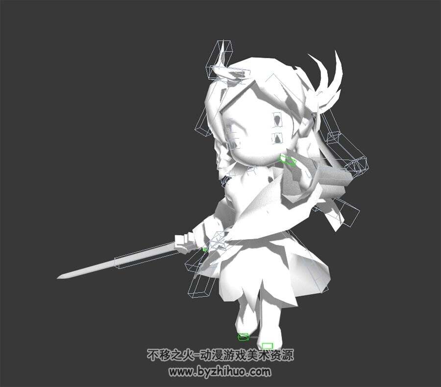 二头身q版人物3DMax模型 古装女孩持剑带绑定全套动作下载