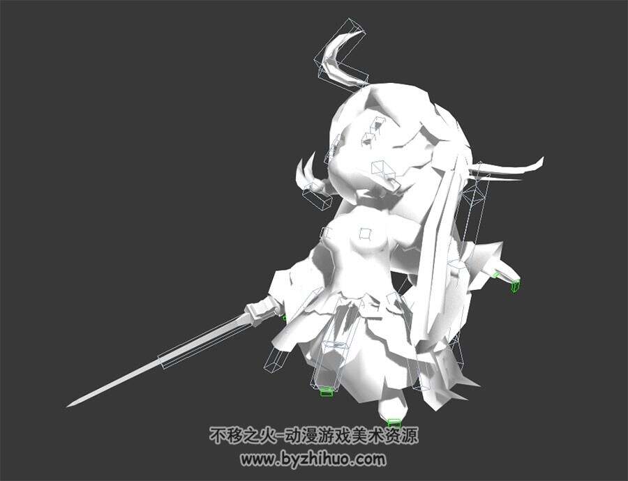 二头身q版人物3DMax模型 古装女孩持剑带绑定全套动作下载