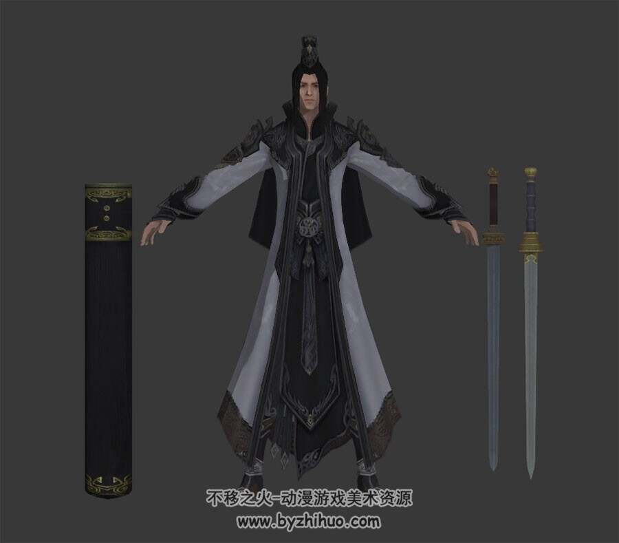 中式古装武侠类游戏人物角色男子剑客3DMax模型 带骨骼