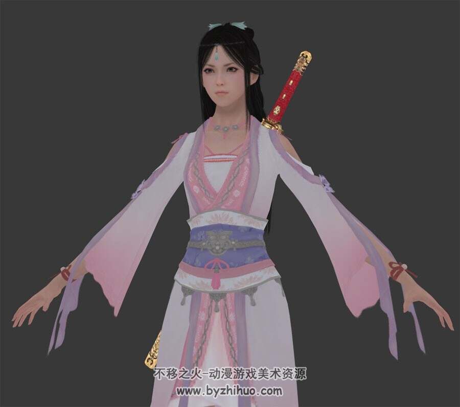 中式粉衣古装温婉女带剑3DMax模型下载 带绑定