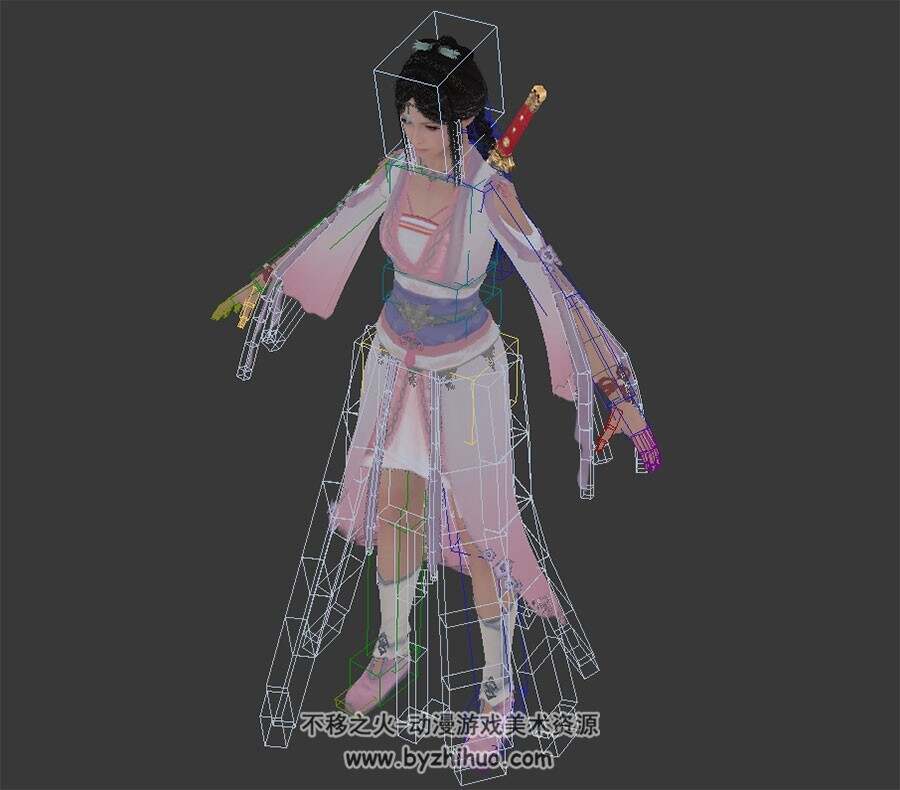 中式粉衣古装温婉女带剑3DMax模型下载 带绑定