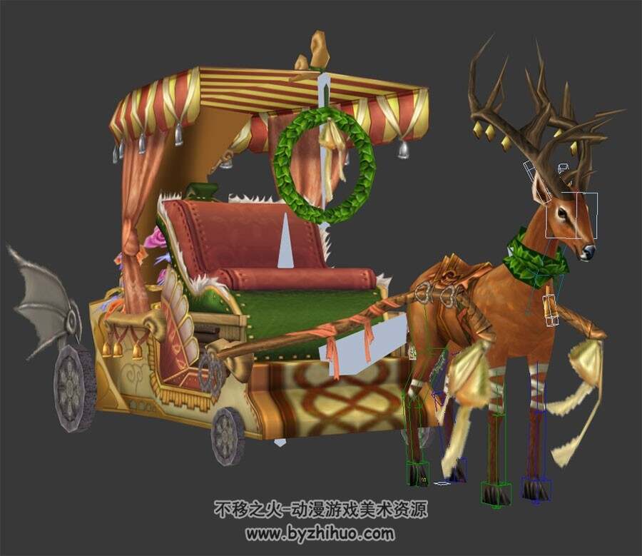 坐骑圣诞麋鹿及精美车厢 3DMax模型带骨骼绑定下载