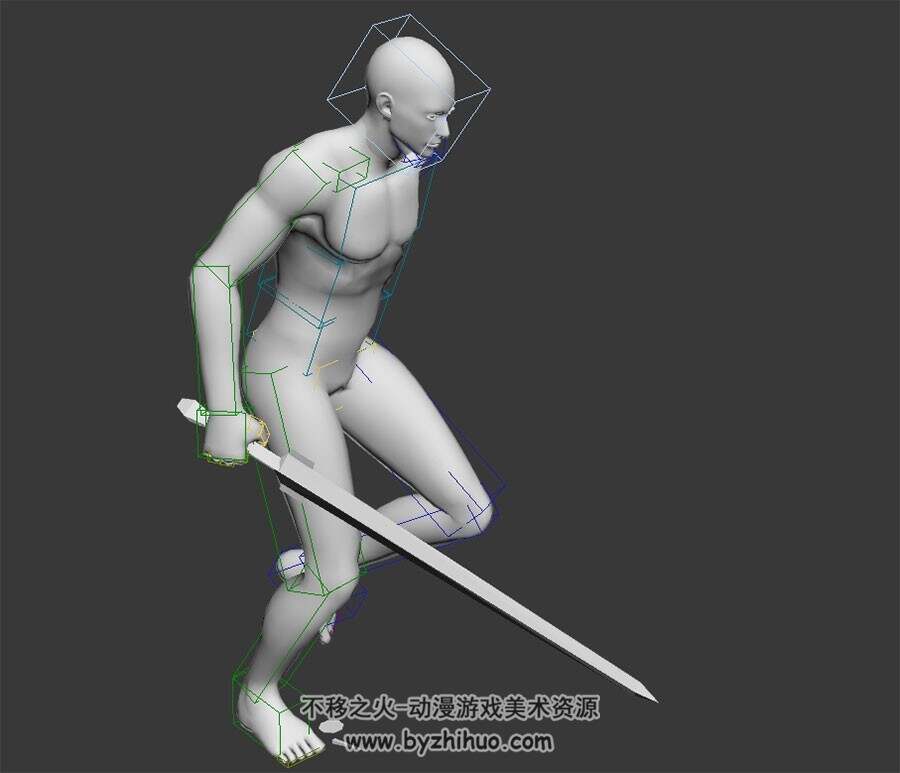 男子持剑跑步动作3DMax模型带绑定下载 四边面