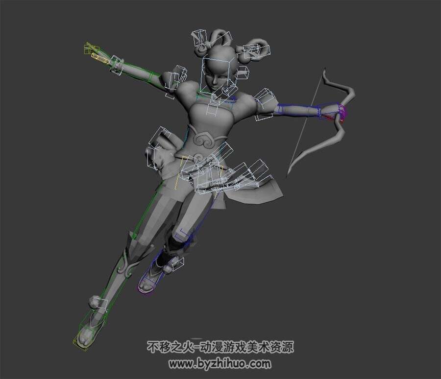 中式古装游戏人物女弓箭手出场待机技能动作3DMax模型带绑定下载