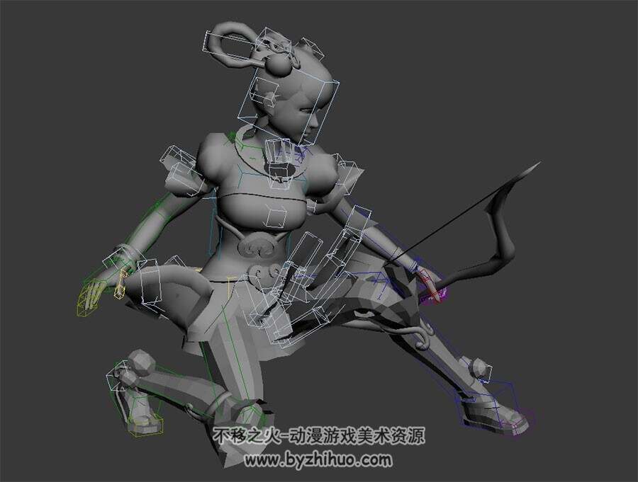 中式古装游戏人物女弓箭手出场待机技能动作3DMax模型带绑定下载