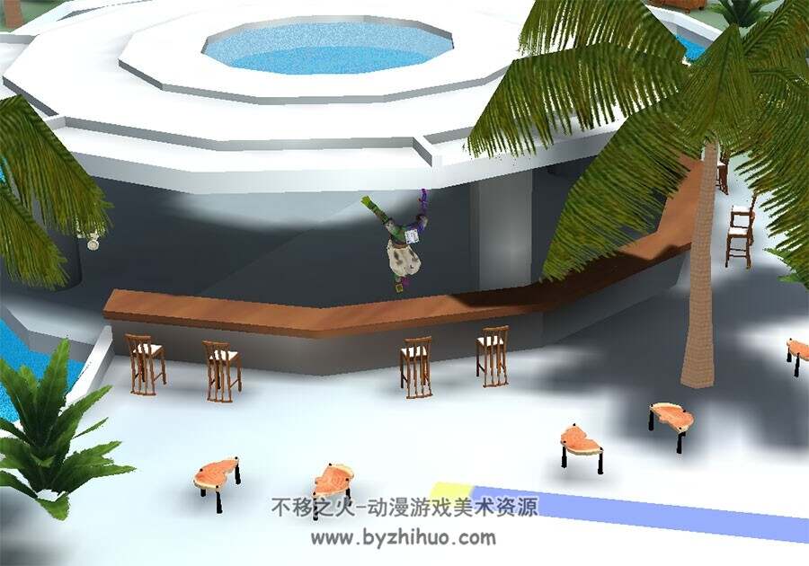夏日海岛场景人物奔跑动作带绑定3DMax模型下载