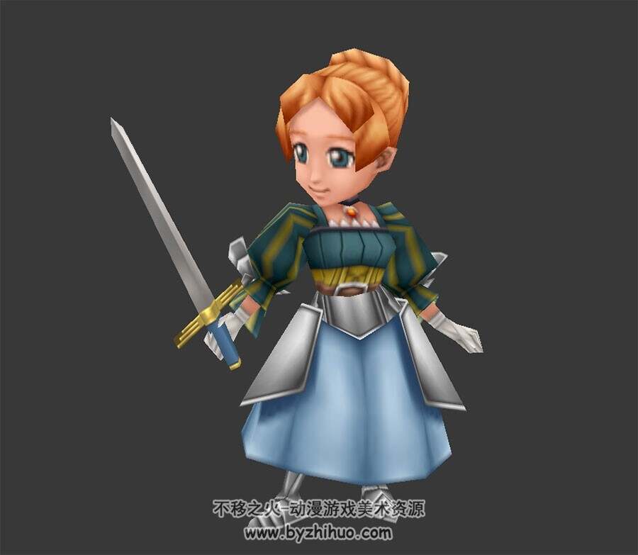 欧美Q版游戏贵族女子持剑3DMax模型下载 全套动作