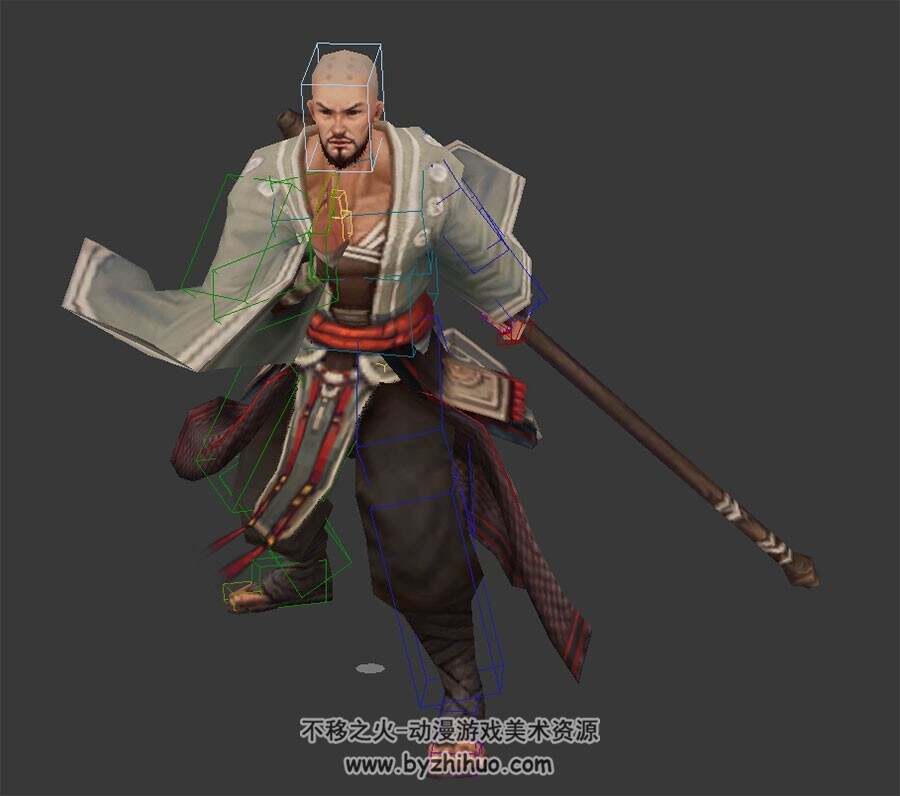 古风游戏角色武侠人物武僧棍僧3DMax模型poes带绑定下载