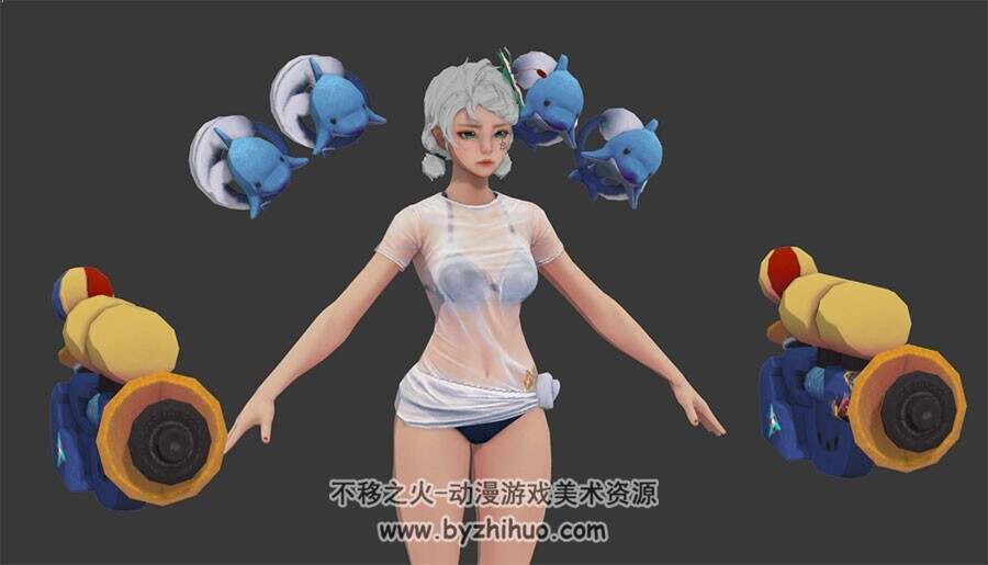 韩国游戏Overhit角色泳衣女带武器3dMax模型下载