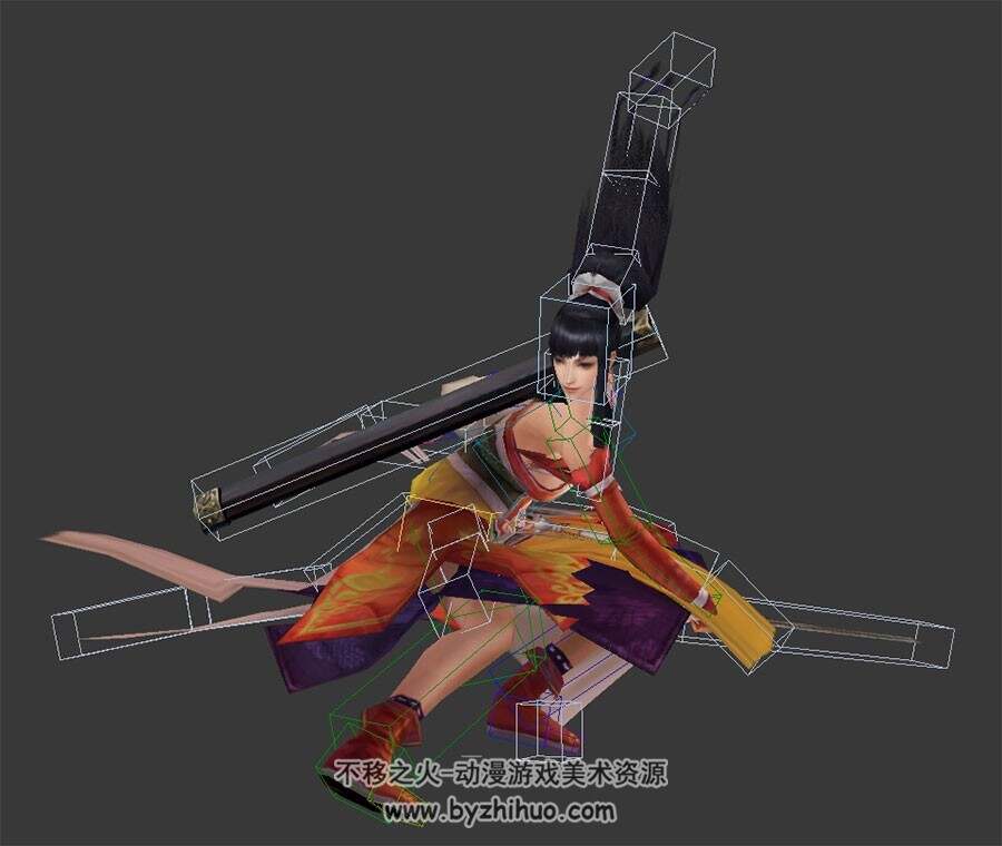 中式古装游戏人物女侠郭芙3DMax模型带绑定全套动作下载