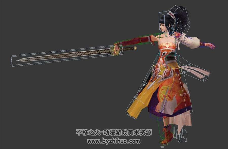 中式古装游戏人物女侠郭芙3DMax模型带绑定全套动作下载