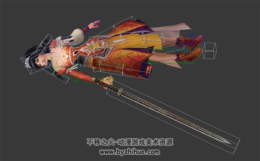 中式古装游戏人物女侠郭芙3DMax模型带绑定全套动作下载